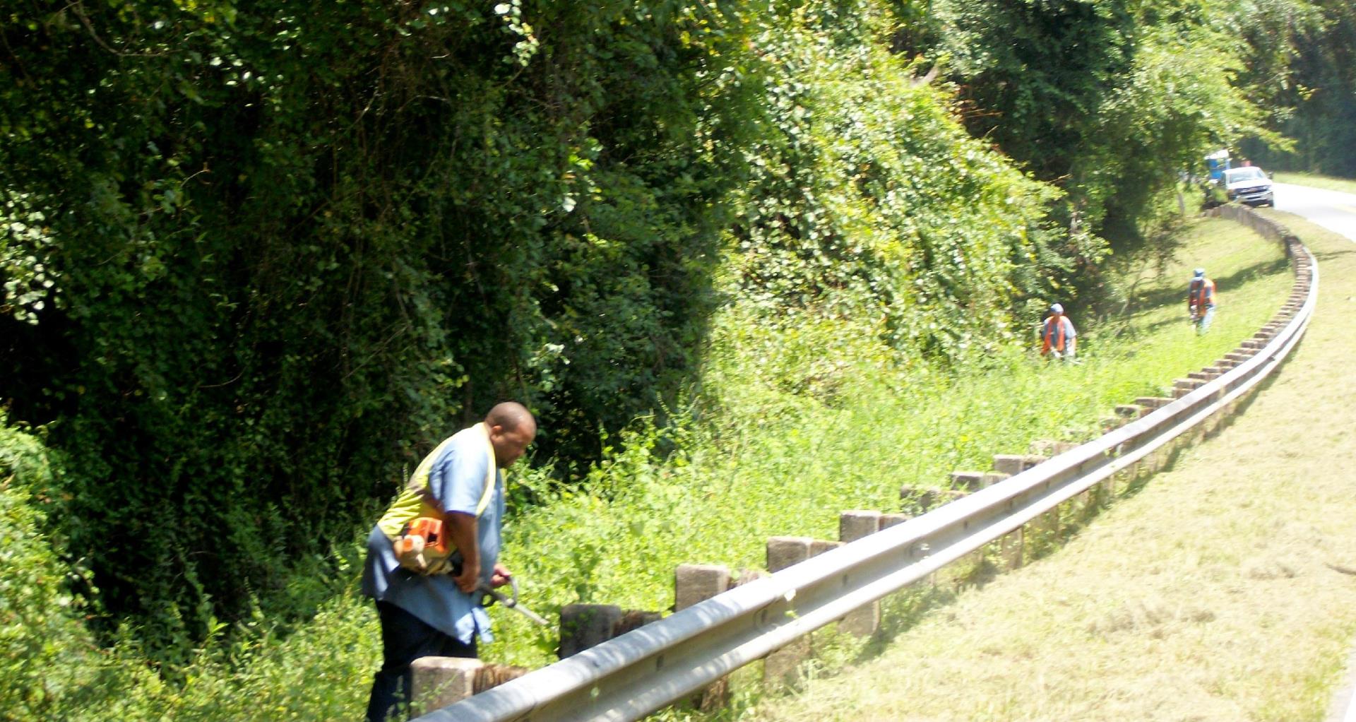 Workers performing roadside maintenance